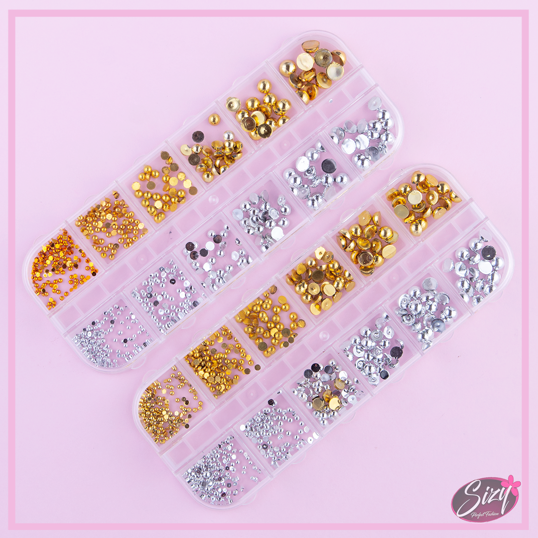 Caja De Diamantes Para Uñas En Dorado y Plata