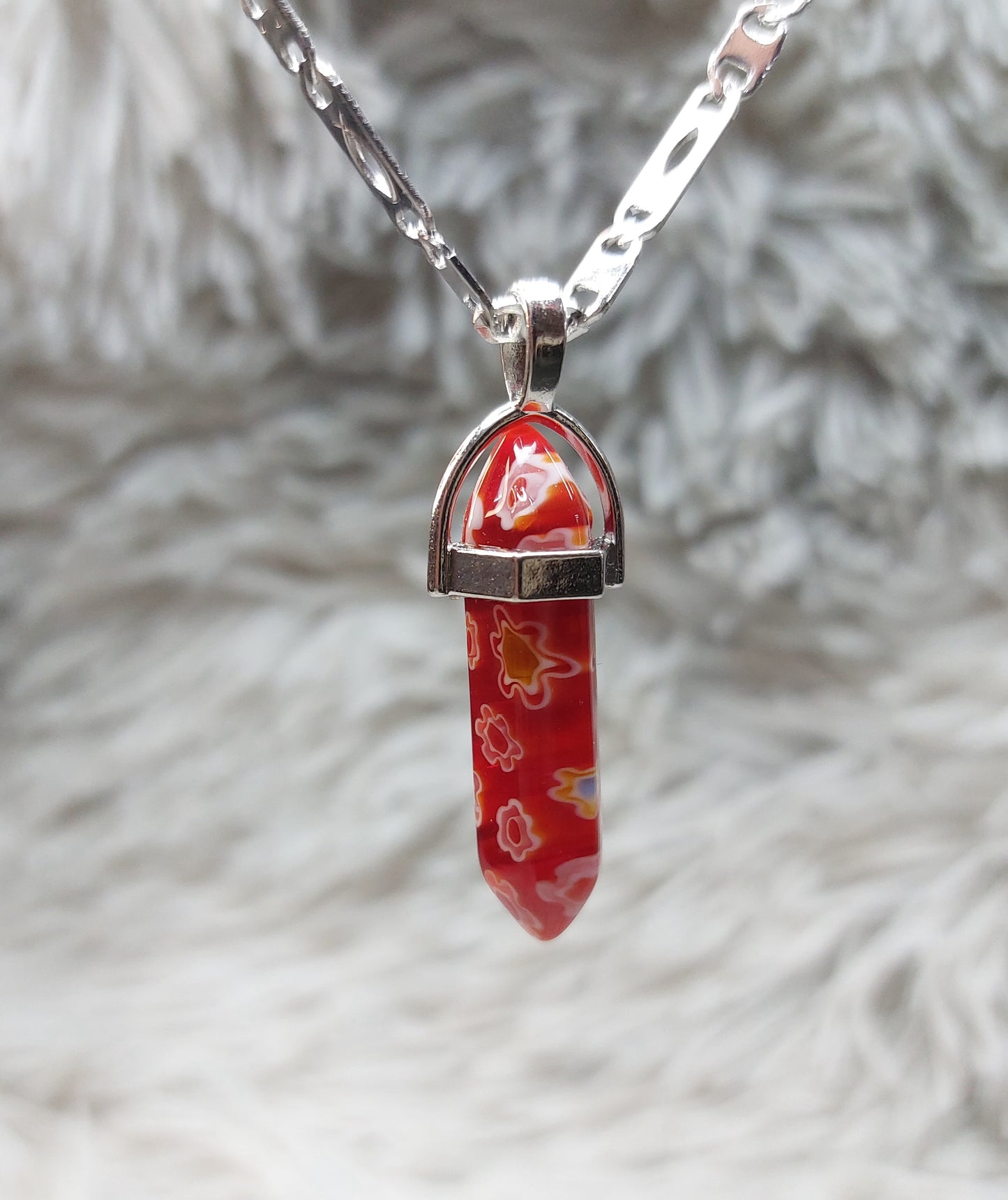 Cadena Con Dije Cuarzo Floreado Rojo