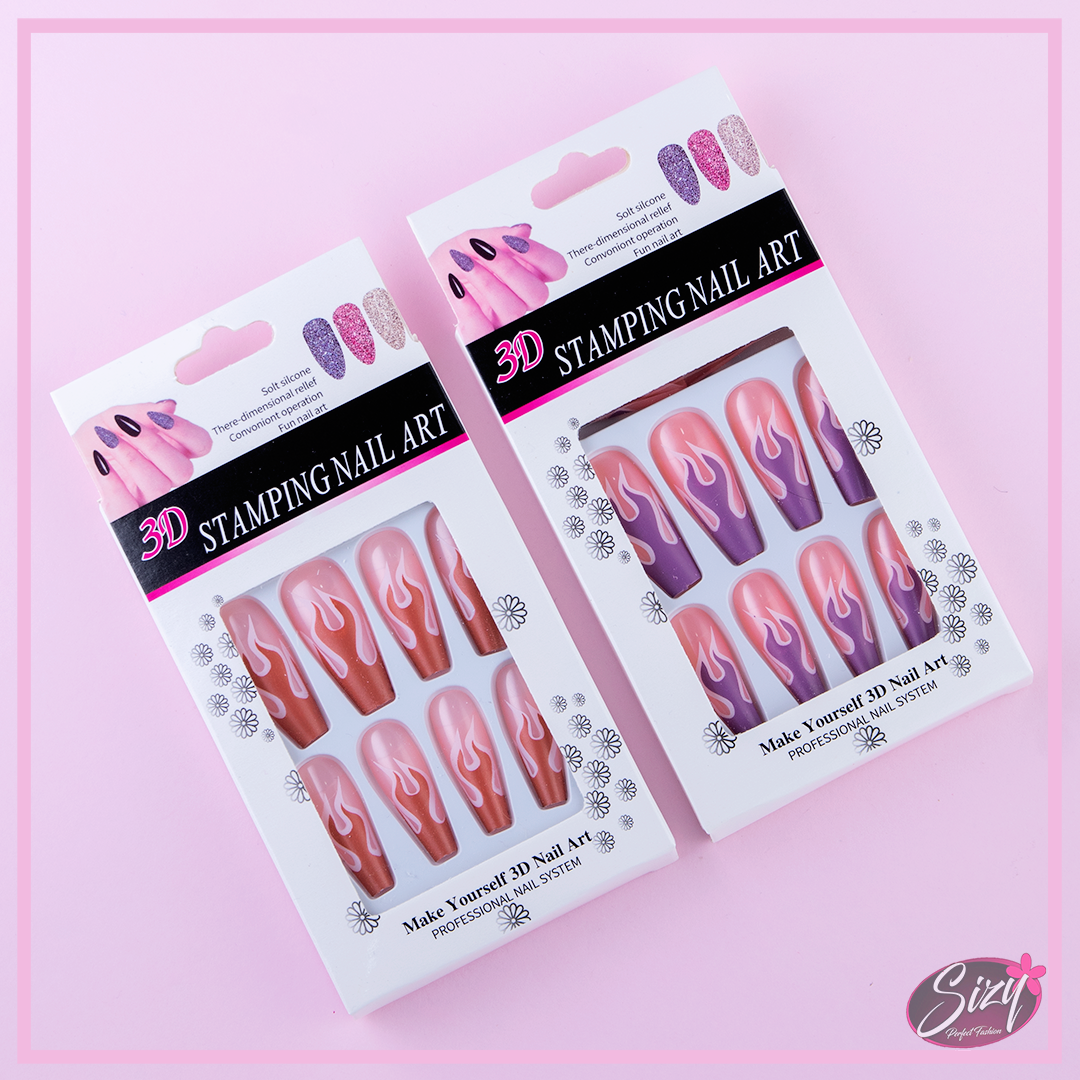 Uñas Postizas Decoradas Diseño fuego Ballerina